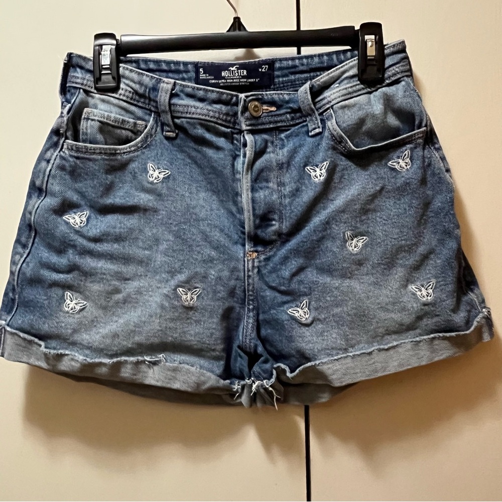 Hollister Women's Blue Denim Shorts with White Embroidered Butterflies, Waist 27 - Picture 1 of 11